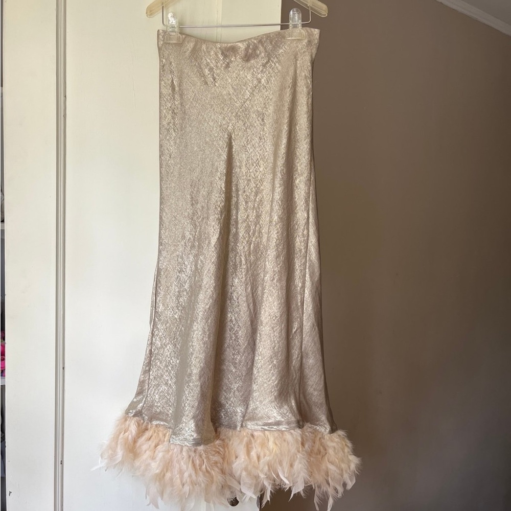 Holly & Joey Feather Midi Maxi Gold Shimmer Trim Skirt Statement Fashion